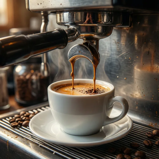 Espresso cayendo en una taza blanca
