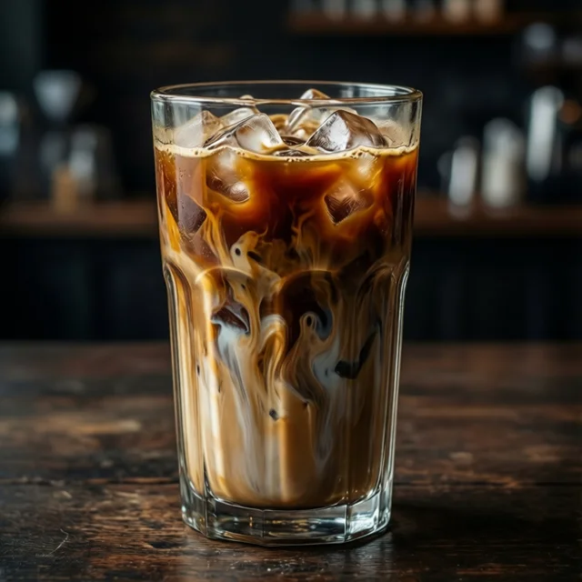 Latte helado en vaso alto con hielo