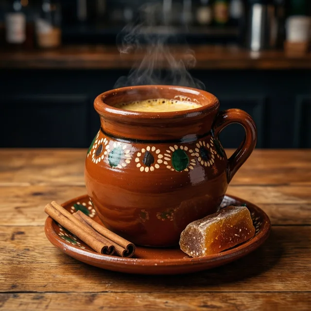 Café de olla en jarrito de barro con canela y piloncillo