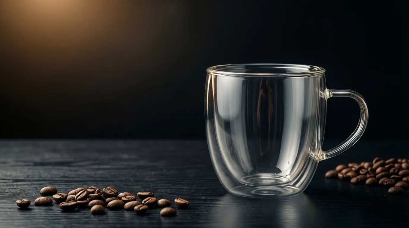 Taza de vidrio sobre una mesa oscura con granos de café